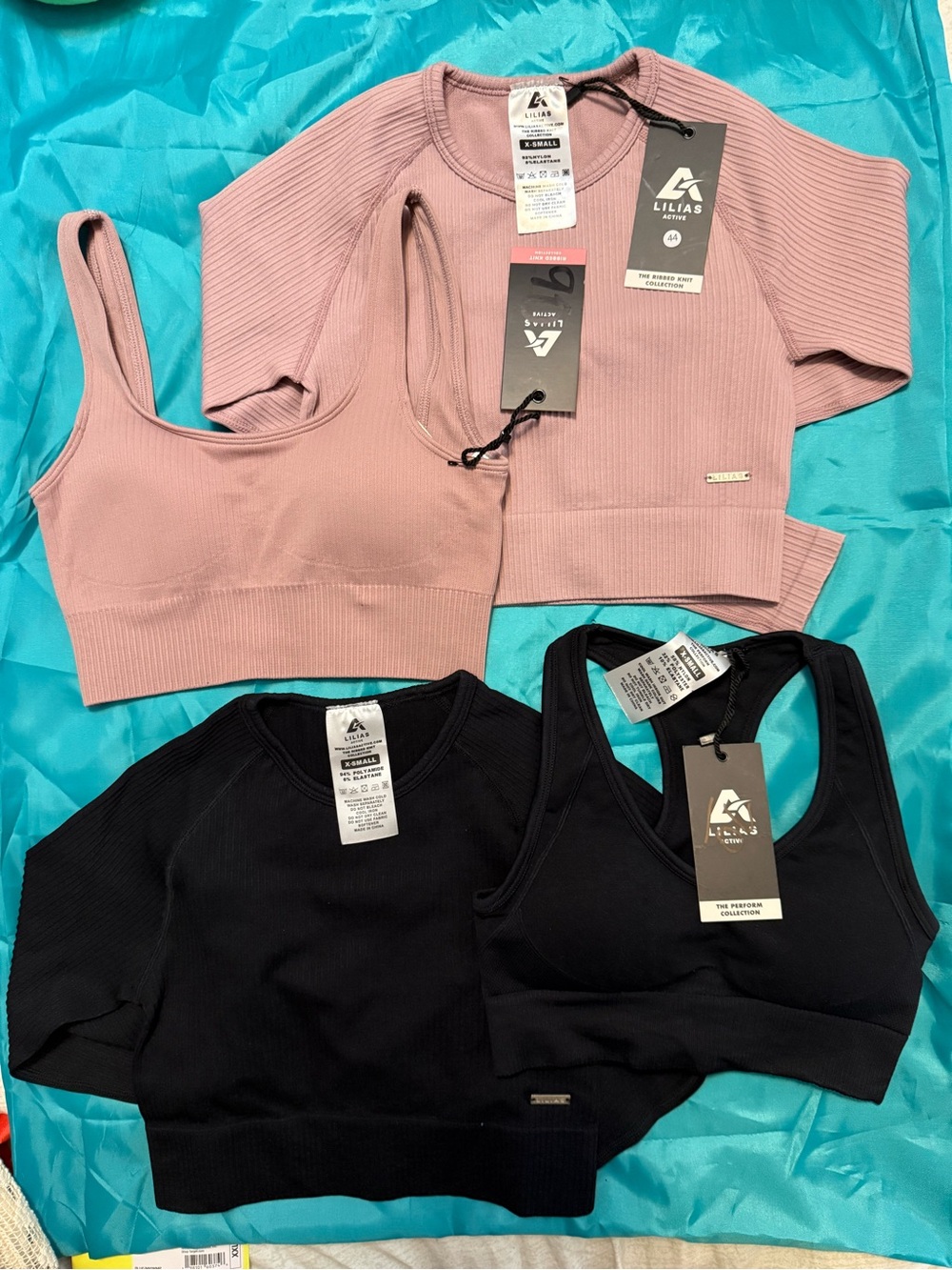 LILIA’S Active Luxury Yoga Long-Sleeve Ribbed Crop Top & Sports Bra Sets - XS